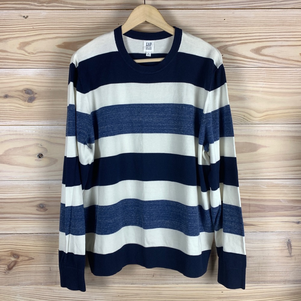 Gap Sweater Mens XL Blue White Striped Crewneck Knit Long Sleeve Nautical